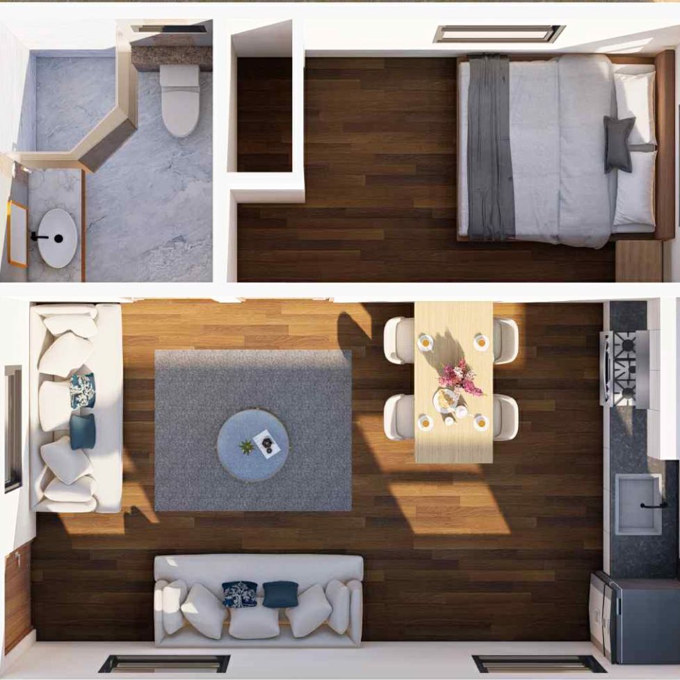 A 3D plan of an ADU from above by the Ed Reyes architectural design company.